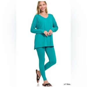 ZENANA Microfiber Long Sleeve Loungewear Set Teal Medium